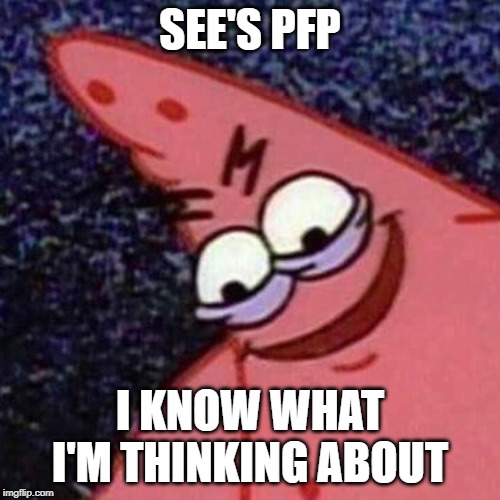 big boi patrick | SEE'S PFP; I KNOW WHAT I'M THINKING ABOUT | image tagged in big boi patrick | made w/ Imgflip meme maker