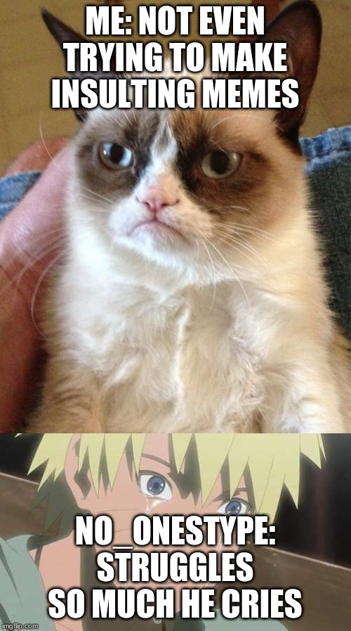 ME: NOT EVEN TRYING TO MAKE INSULTING MEMES NO_ONESTYPE: STRUGGLES SO MUCH HE CRIES | image tagged in memes,grumpy cat,naruto struggle | made w/ Imgflip meme maker