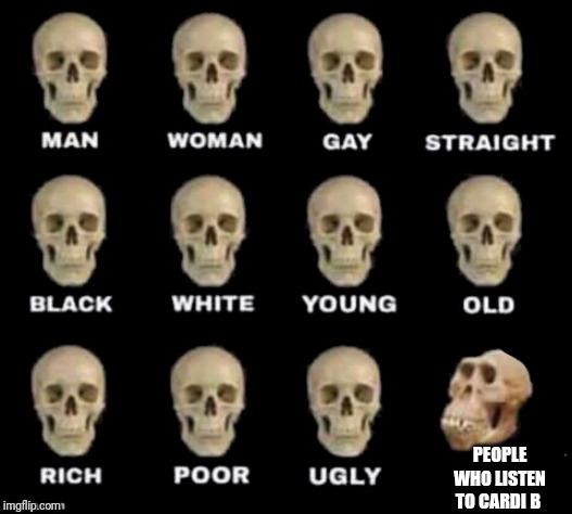 idiot skull | PEOPLE WHO LISTEN TO CARDI B | image tagged in idiot skull | made w/ Imgflip meme maker