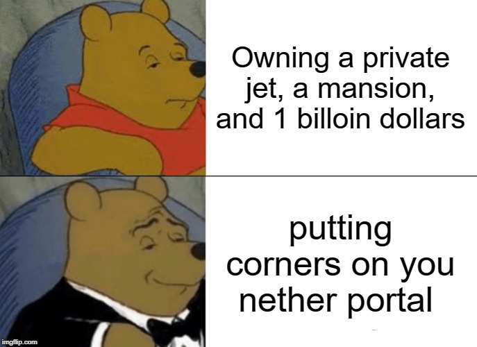 Tuxedo Winnie The Pooh | Owning a private jet, a mansion, and 1 billoin dollars; putting corners on you nether portal | image tagged in memes,tuxedo winnie the pooh | made w/ Imgflip meme maker