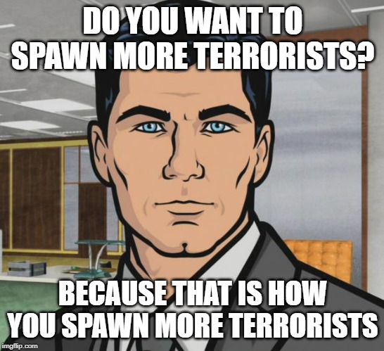 Archer | DO YOU WANT TO SPAWN MORE TERRORISTS? BECAUSE THAT IS HOW YOU SPAWN MORE TERRORISTS | image tagged in memes,archer,AdviceAnimals | made w/ Imgflip meme maker