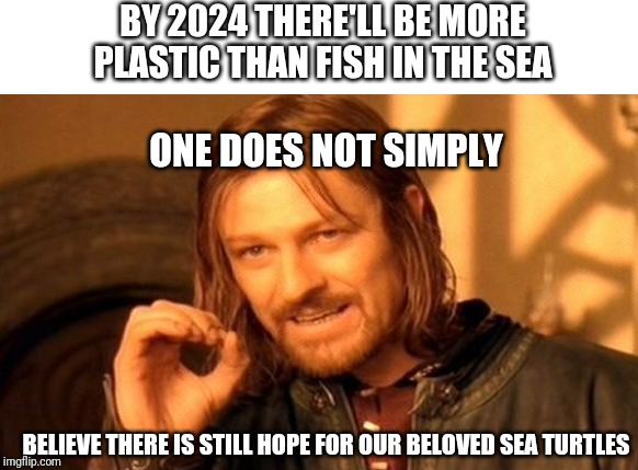 One Does Not Simply | BY 2024 THERE'LL BE MORE PLASTIC THAN FISH IN THE SEA; ONE DOES NOT SIMPLY; BELIEVE THERE IS STILL HOPE FOR OUR BELOVED SEA TURTLES | image tagged in memes,one does not simply | made w/ Imgflip meme maker