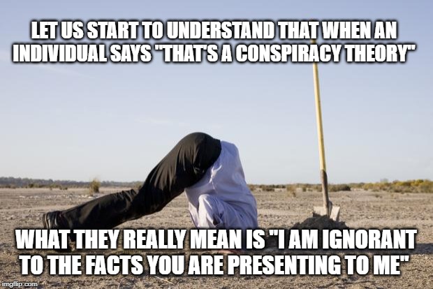 Ignorance Is Bliss | LET US START TO UNDERSTAND THAT WHEN AN INDIVIDUAL SAYS "THAT'S A CONSPIRACY THEORY"; WHAT THEY REALLY MEAN IS "I AM IGNORANT TO THE FACTS YOU ARE PRESENTING TO ME" | image tagged in ignorance,conspiracy,truth,ignorant,stubborn | made w/ Imgflip meme maker
