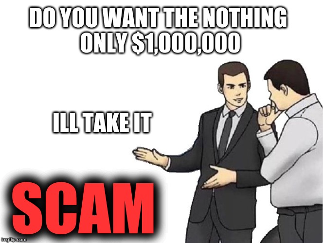 SCAM | DO YOU WANT THE NOTHING 
ONLY $1,000,000; ILL TAKE IT; SCAM | image tagged in memes | made w/ Imgflip meme maker