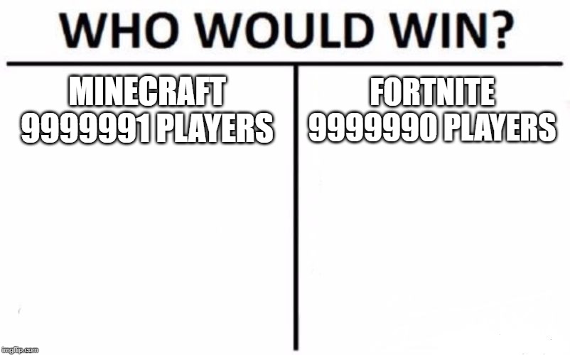 Who Would Win? Meme | MINECRAFT
9999991 PLAYERS; FORTNITE
9999990 PLAYERS | image tagged in memes,who would win | made w/ Imgflip meme maker