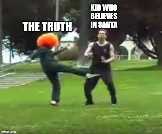 The Truth Hurts | THE TRUTH; KID WHO BELIEVES IN SANTA | image tagged in kicked in the nuts | made w/ Imgflip meme maker