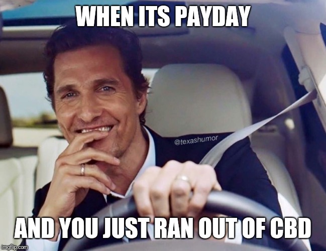Matthew McConaughey | WHEN ITS PAYDAY; AND YOU JUST RAN OUT OF CBD | image tagged in matthew mcconaughey | made w/ Imgflip meme maker