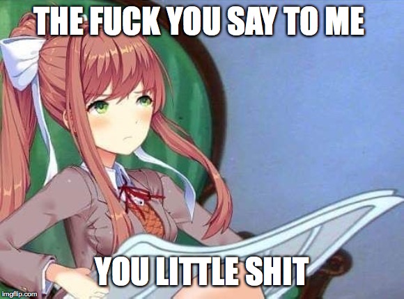 Newspaper Monika | THE F**K YOU SAY TO ME YOU LITTLE SHIT | image tagged in newspaper monika | made w/ Imgflip meme maker