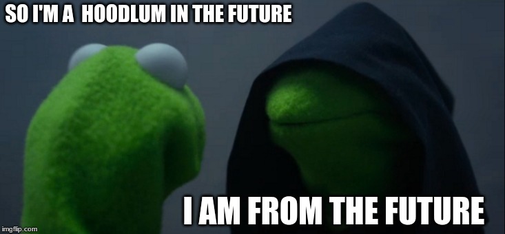 Evil Kermit Meme | SO I'M A  HOODLUM IN THE FUTURE; I AM FROM THE FUTURE | image tagged in memes,evil kermit | made w/ Imgflip meme maker