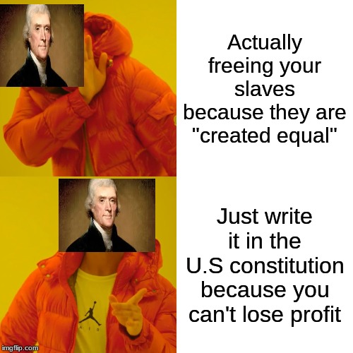 Drake Hotline Bling | Actually freeing your slaves because they are "created equal"; Just write it in the U.S constitution because you can't lose profit | image tagged in memes,drake hotline bling | made w/ Imgflip meme maker