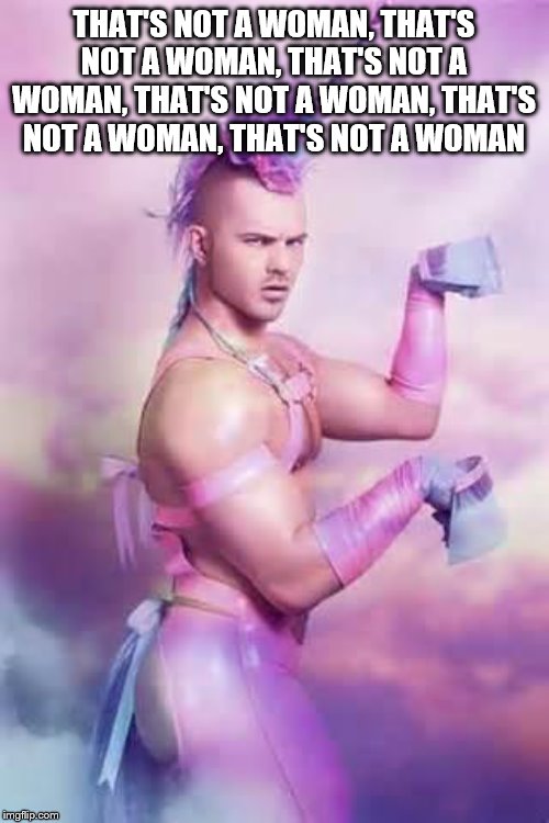Gay Unicorn | THAT'S NOT A WOMAN, THAT'S NOT A WOMAN, THAT'S NOT A WOMAN, THAT'S NOT A WOMAN, THAT'S NOT A WOMAN, THAT'S NOT A WOMAN | image tagged in gay unicorn | made w/ Imgflip meme maker