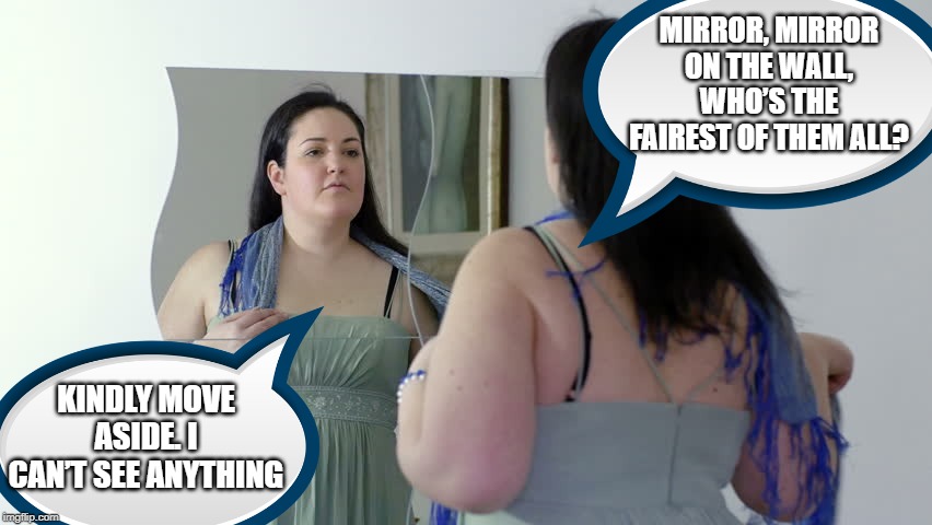 Blocking My View | MIRROR, MIRROR ON THE WALL, WHO’S THE FAIREST OF THEM ALL? KINDLY MOVE ASIDE. I CAN’T SEE ANYTHING | image tagged in mirror mirror | made w/ Imgflip meme maker