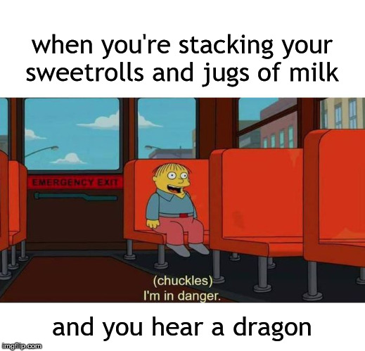 I was never an adventurer like you... | when you're stacking your sweetrolls and jugs of milk; and you hear a dragon | image tagged in blank white template,i'm in danger  blank place above,skyrim,dragons,video games | made w/ Imgflip meme maker