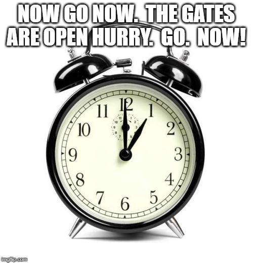Alarm Clock Meme | NOW GO NOW.  THE GATES ARE OPEN HURRY.  GO.  NOW! | image tagged in memes,alarm clock | made w/ Imgflip meme maker