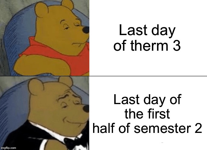 Tuxedo Winnie The Pooh Meme | Last day of therm 3; Last day of the first half of semester 2 | image tagged in memes,tuxedo winnie the pooh | made w/ Imgflip meme maker