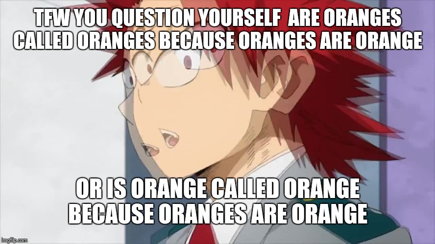 Kirishima wait whaaa | TFW YOU QUESTION YOURSELF  ARE ORANGES CALLED ORANGES BECAUSE ORANGES ARE ORANGE; OR IS ORANGE CALLED ORANGE BECAUSE ORANGES ARE ORANGE | image tagged in kirishima wait whaaa | made w/ Imgflip meme maker