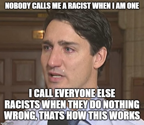 Trudeau crying | NOBODY CALLS ME A RACIST WHEN I AM ONE I CALL EVERYONE ELSE RACISTS WHEN THEY DO NOTHING WRONG, THATS HOW THIS WORKS | image tagged in trudeau crying | made w/ Imgflip meme maker