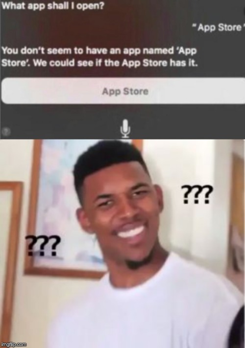use the app store to download the app store | image tagged in nick young,memes,app,siri | made w/ Imgflip meme maker