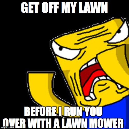 Roblox Noob | GET OFF MY LAWN; BEFORE I RUN YOU OVER WITH A LAWN MOWER | image tagged in roblox noob | made w/ Imgflip meme maker