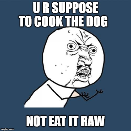 Y U No | U R SUPPOSE TO COOK THE DOG; NOT EAT IT RAW | image tagged in memes,y u no | made w/ Imgflip meme maker
