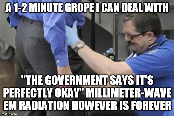 tsa security pat down | A 1-2 MINUTE GROPE I CAN DEAL WITH "THE GOVERNMENT SAYS IT'S PERFECTLY OKAY" MILLIMETER-WAVE EM RADIATION HOWEVER IS FOREVER | image tagged in tsa security pat down | made w/ Imgflip meme maker