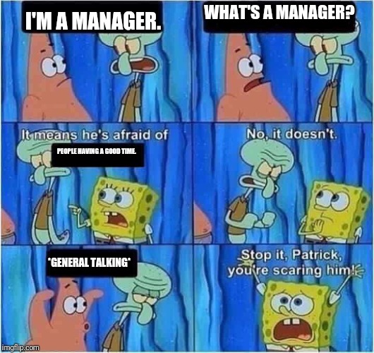 Scaring Squidward | WHAT'S A MANAGER? I'M A MANAGER. PEOPLE HAVING A GOOD TIME. *GENERAL TALKING* | image tagged in scaring squidward,kroger | made w/ Imgflip meme maker