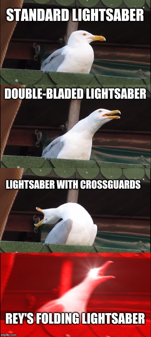 Inhaling Seagull | STANDARD LIGHTSABER; DOUBLE-BLADED LIGHTSABER; LIGHTSABER WITH CROSSGUARDS; REY'S FOLDING LIGHTSABER | image tagged in memes,inhaling seagull | made w/ Imgflip meme maker