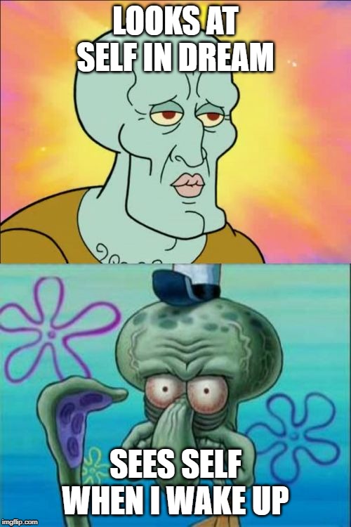 Squidward | LOOKS AT SELF IN DREAM; SEES SELF WHEN I WAKE UP | image tagged in memes,squidward | made w/ Imgflip meme maker