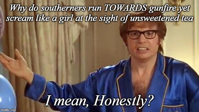 Austin Powers Honestly Meme | Why do southerners run TOWARDS gunfire yet scream like a girl at the sight of unsweetened tea; I mean, Honestly? | image tagged in memes,austin powers honestly | made w/ Imgflip meme maker