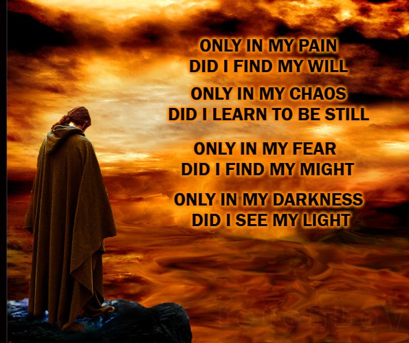 ONLY IN MY PAIN
DID I FIND MY WILL; ONLY IN MY CHAOS
DID I LEARN TO BE STILL; ONLY IN MY FEAR 
DID I FIND MY MIGHT; ONLY IN MY DARKNESS 
DID I SEE MY LIGHT | image tagged in anakin | made w/ Imgflip meme maker