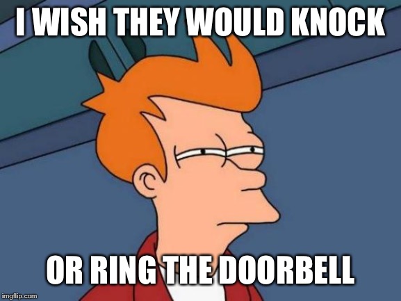 Futurama Fry Meme | I WISH THEY WOULD KNOCK OR RING THE DOORBELL | image tagged in memes,futurama fry | made w/ Imgflip meme maker