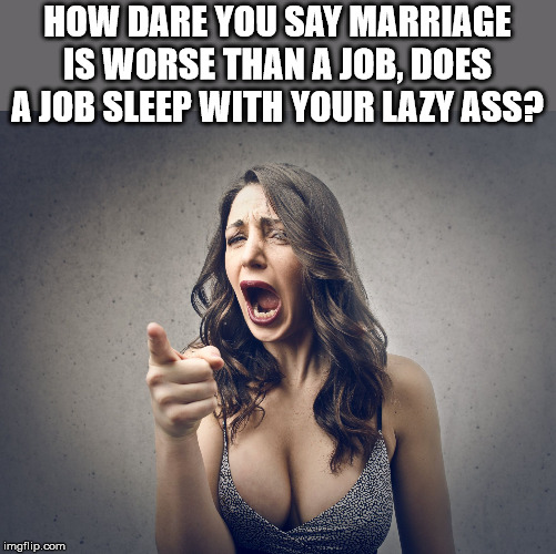 HOW DARE YOU SAY MARRIAGE IS WORSE THAN A JOB, DOES A JOB SLEEP WITH YOUR LAZY ASS? | image tagged in crazy girl | made w/ Imgflip meme maker