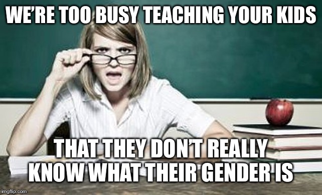 teacher | WE’RE TOO BUSY TEACHING YOUR KIDS THAT THEY DON’T REALLY KNOW WHAT THEIR GENDER IS | image tagged in teacher | made w/ Imgflip meme maker