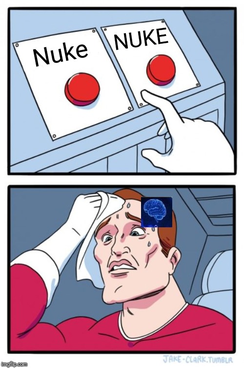 Two Buttons Meme | NUKE; Nuke | image tagged in memes,two buttons | made w/ Imgflip meme maker