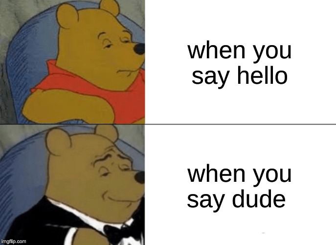 Tuxedo Winnie The Pooh | when you say hello; when you say dude | image tagged in memes,tuxedo winnie the pooh | made w/ Imgflip meme maker