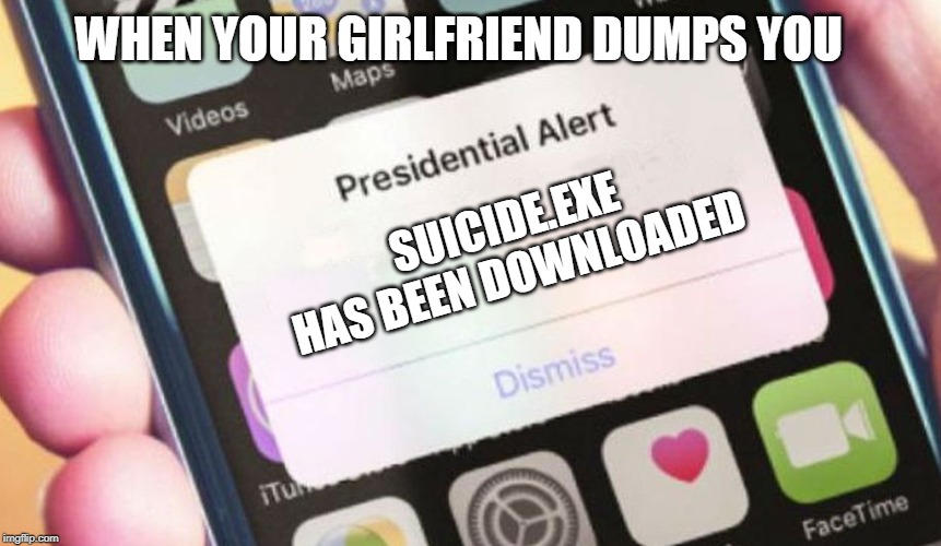 Presidential Alert | WHEN YOUR GIRLFRIEND DUMPS YOU; SUICIDE.EXE HAS BEEN DOWNLOADED | image tagged in memes,presidential alert | made w/ Imgflip meme maker