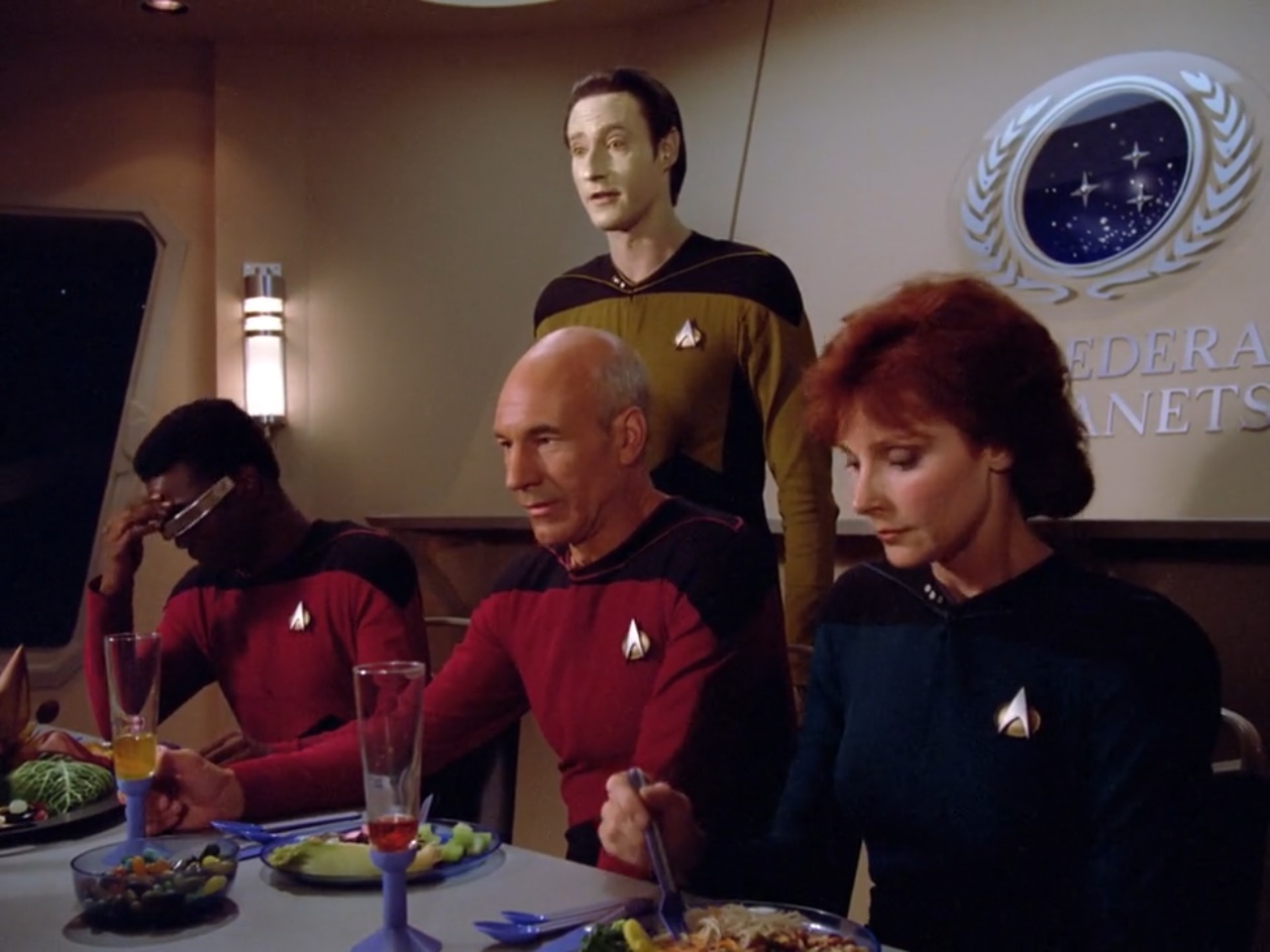 Data Geordi Picard Beverly at Dinner Blank Meme Template