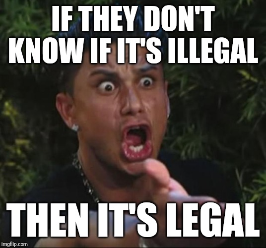 DJ Pauly D Meme | IF THEY DON'T KNOW IF IT'S ILLEGAL THEN IT'S LEGAL | image tagged in memes,dj pauly d | made w/ Imgflip meme maker