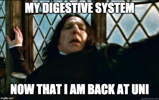 Snape | MY DIGESTIVE SYSTEM; NOW THAT I AM BACK AT UNI | image tagged in memes,snape | made w/ Imgflip meme maker