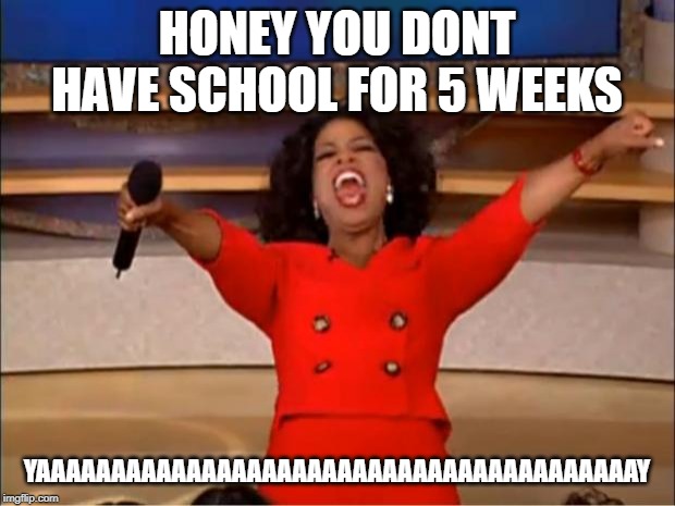 Oprah You Get A Meme | HONEY YOU DONT HAVE SCHOOL FOR 5 WEEKS; YAAAAAAAAAAAAAAAAAAAAAAAAAAAAAAAAAAAAAAAAY | image tagged in memes,oprah you get a | made w/ Imgflip meme maker