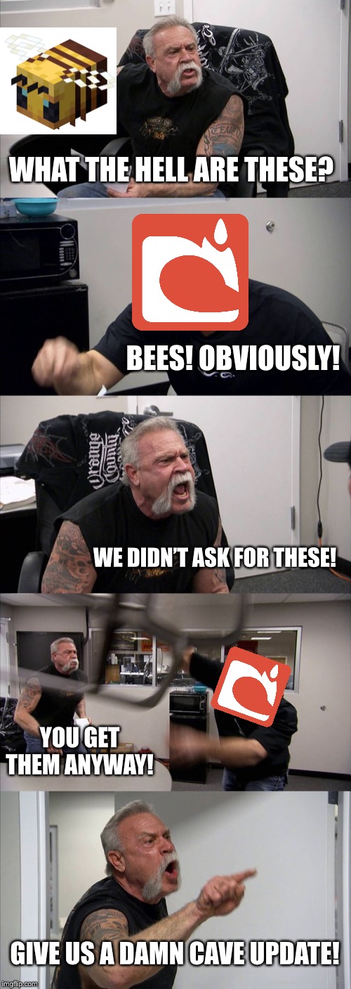 American Chopper Argument Meme | WHAT THE HELL ARE THESE? BEES! OBVIOUSLY! WE DIDN’T ASK FOR THESE! YOU GET THEM ANYWAY! GIVE US A DAMN CAVE UPDATE! | image tagged in memes,american chopper argument | made w/ Imgflip meme maker