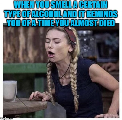 For me it's Jack Daniels and Black Velvet! | WHEN YOU SMELL A CERTAIN TYPE OF ALCOHOL AND IT REMINDS YOU OF A TIME YOU ALMOST DIED | image tagged in alcohol,memes,dry heaving,funny,blackout,overdrinking | made w/ Imgflip meme maker
