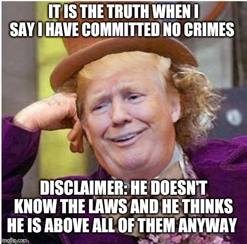 Wonka Trump | IT IS THE TRUTH WHEN I SAY I HAVE COMMITTED NO CRIMES; DISCLAIMER: HE DOESN'T KNOW THE LAWS AND HE THINKS HE IS ABOVE ALL OF THEM ANYWAY | image tagged in wonka trump | made w/ Imgflip meme maker