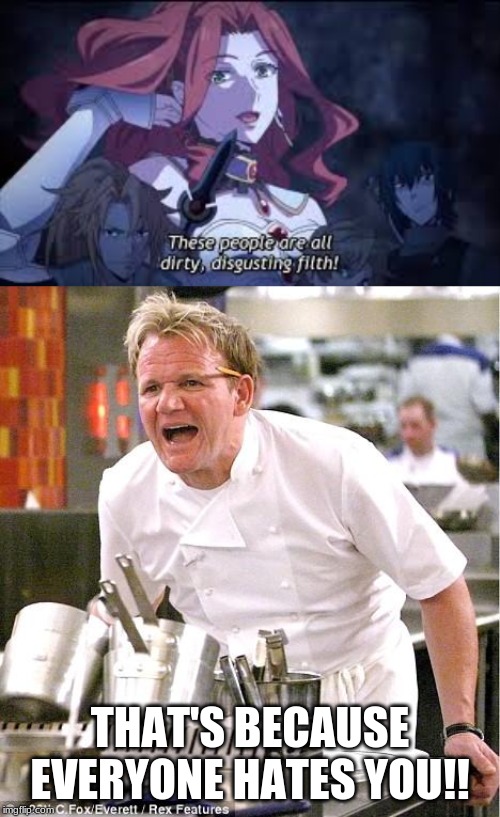 Even Gordon Ramsay Hates Her Too!! | THAT'S BECAUSE EVERYONE HATES YOU!! | image tagged in memes,chef gordon ramsay,anime,myne,rising of the shield hero,hate | made w/ Imgflip meme maker