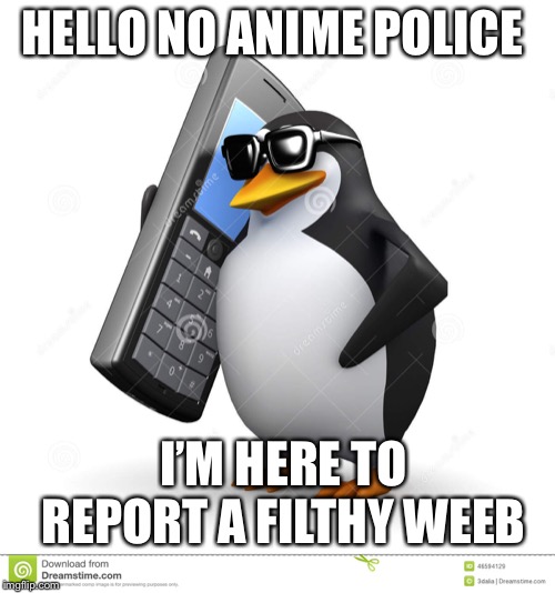 HELLO NO ANIME POLICE; I’M HERE TO REPORT A FILTHY WEEB | image tagged in memes | made w/ Imgflip meme maker