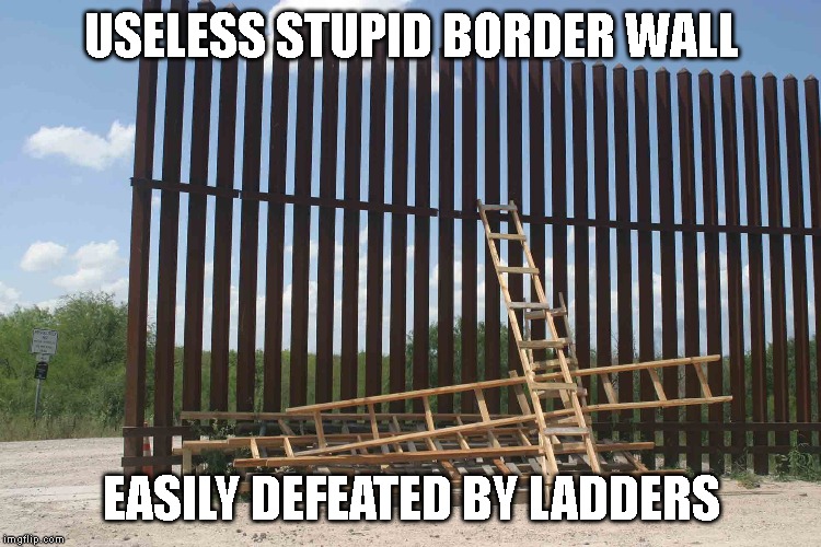 Donald Trump is an Idiot | USELESS STUPID BORDER WALL; EASILY DEFEATED BY LADDERS | image tagged in border wall,donald trump is an idiot,ladder | made w/ Imgflip meme maker