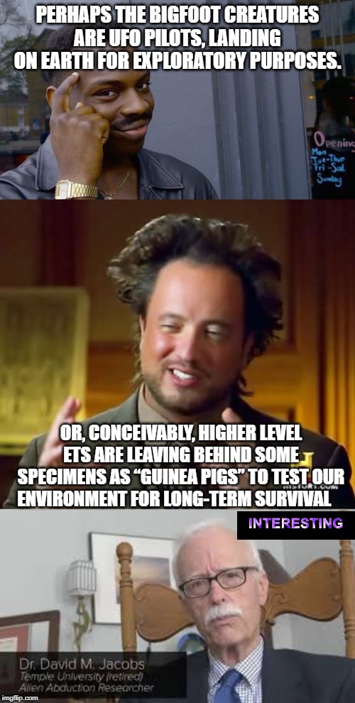 PERHAPS THE BIGFOOT CREATURES ARE UFO PILOTS, LANDING ON EARTH FOR EXPLORATORY PURPOSES. OR, CONCEIVABLY, HIGHER LEVEL ETS ARE LEAVING BEHIND SOME SPECIMENS AS “GUINEA PIGS” TO TEST OUR  ENVIRONMENT FOR LONG-TERM SURVIVAL | image tagged in memes,ancient aliens,roll safe think about it | made w/ Imgflip meme maker