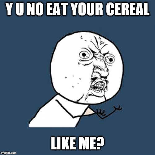 Y U No | Y U NO EAT YOUR CEREAL; LIKE ME? | image tagged in memes,y u no | made w/ Imgflip meme maker