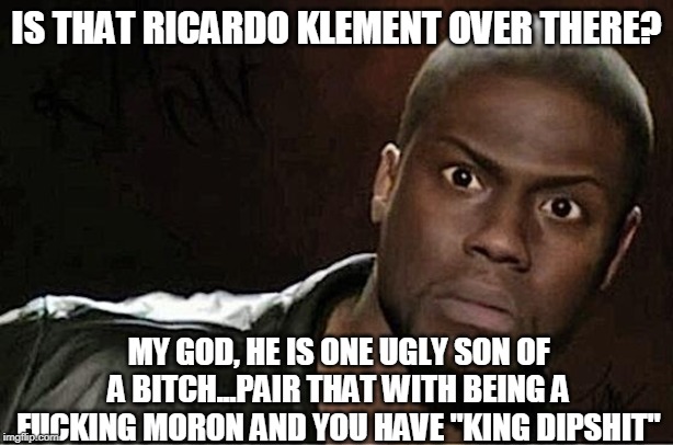 Even Kevin Hart Hates Ricardo Klement #RoastRicardoWeek | IS THAT RICARDO KLEMENT OVER THERE? MY GOD, HE IS ONE UGLY SON OF A BITCH...PAIR THAT WITH BEING A FUCKING MORON AND YOU HAVE "KING DIPSHIT" | image tagged in memes,kevin hart,roast ricardo week | made w/ Imgflip meme maker