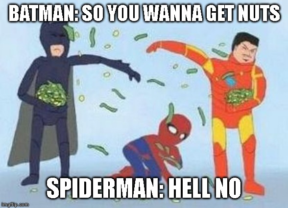 wanna get nuts???????? | BATMAN: SO YOU WANNA GET NUTS; SPIDERMAN: HELL NO | image tagged in memes,pathetic spidey | made w/ Imgflip meme maker